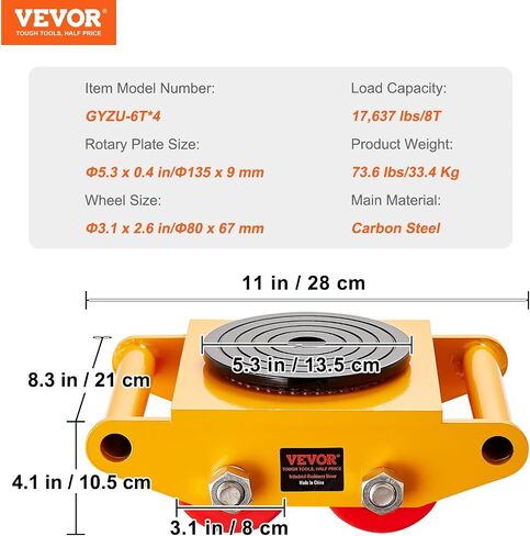 VEVOR 4 قطع محرك ماكينات، 8T ماكينات تزلج دوللي، 17637 رطلًا من ماكينات تحريك التزلج، تزلج محرك الماكينات مع غطاء دوران 360 درجة و4 بكرات، معدات نقل صناعية شديدة التحمل، أصفر in Saudi Arabia