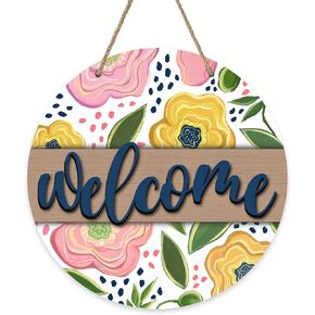 Welcome Pink Rose Flower Front Door Sign, Floral Wood Hanger Outdoor Outside Porch Home Decor, Spring Summer Wooden Wreath Indoor Wall Hanging Decoration in Kuwait
