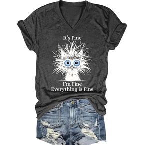 Womens I'm Fine Everything is Fine V Neck T-Shirts Short Sleeve Funny Shirt Casual Cute Cat Graphic Tee Tops in Saudi Arabia