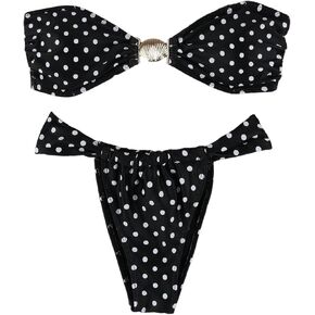 GORGLITTER Women's Polka Dots Bandeau Bikini Sets Metal Shell Linked Strapless Swimsuits Cheeky Bottom Beachwear in Kuwait