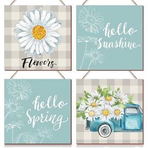 4 Pcs Hello Spring Wall Decor Hello Sunshine Door Decorations Spring Blue Daisy Wood Sign for Party Supplies Home Window Wall Farmhouse Office Indoor Outdoor Decor in Saudi Arabia