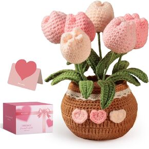 Completed Hand-Crocheted Tulip Potted Plant with Premium Gift Box, Unique Hand-Crafted Gift for Home and Office Desk Decor, Perfect for Girlfriend, Wife, Moms, Lover and You (Pink) in Saudi Arabia