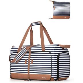 Lekesky Foldable Travel Duffle Bag for Women, 80L Large Duffel Bag with Separate Shoes Compartments & Straps, Carry On Weekend Bag for Women, Hospital, Overnight (Blue Stripes) in Kuwait
