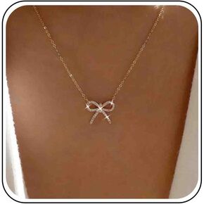 Boho Wedding Cz Tiny Bow Necklace Gold Silver Cute Rhinestone Small Dainty Ribbon Pendant Necklace Sparkly Crystal Bowknot Choker Simple Cubic Zirconia Thin Chain Delicate Minimalist Trendy for Women in Saudi Arabia