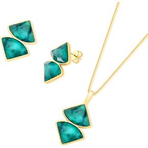 14k Gold-Plated Emerald Lozenge-Shaped Necklace and Earring Set – Natural Stone Jewelry Gift – Elegant Set – Emerald Collection in Saudi Arabia