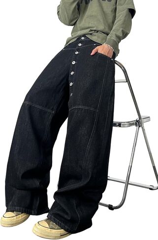 Mens Streetwear Hip Hop Baggy Jeans Wide Leg Skater Denim Pants Loose Long Trousers in Kuwait