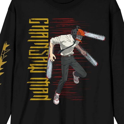Bioworld Chainsaw Man Denji & Logo مع أكمام منشار ذهبي ورقبة دائرية وأكمام طويلة باللون الأسود للبالغين in Kuwait