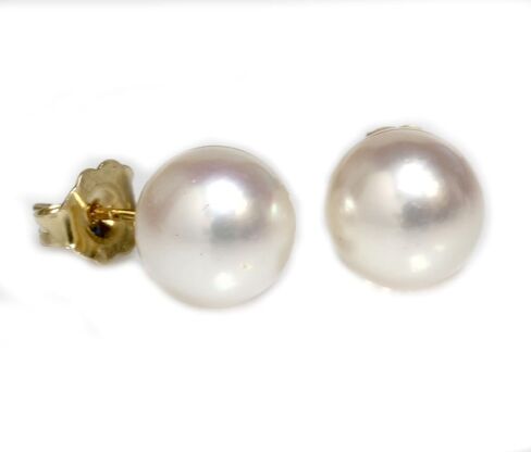14K Gold 8.0-8.5mm Japanese Akoya Cultured Pearl Stud Earrings Flawless in Saudi Arabia