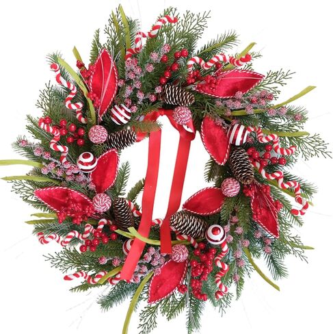 Christmas Wreath for Front Door 24 Inch Door Wreath with Pine Needles Pine Cones and Red Berries Winter Farmhouse Home Hoilday Christmas Party Decorations Indoor/Outdoor in Kuwait