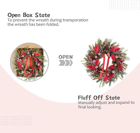 Christmas Wreath for Front Door 24 Inch Door Wreath with Pine Needles Pine Cones and Red Berries Winter Farmhouse Home Hoilday Christmas Party Decorations Indoor/Outdoor in Kuwait