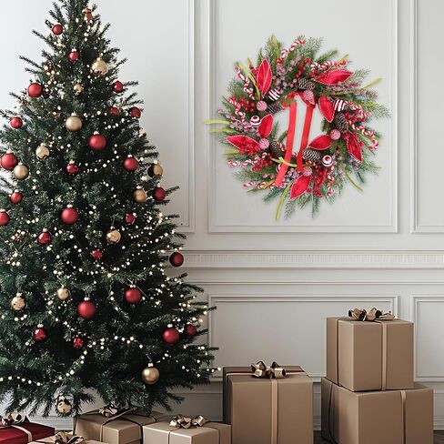 Christmas Wreath for Front Door 24 Inch Door Wreath with Pine Needles Pine Cones and Red Berries Winter Farmhouse Home Hoilday Christmas Party Decorations Indoor/Outdoor in Kuwait