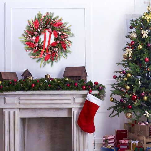 Christmas Wreath for Front Door 24 Inch Door Wreath with Pine Needles Pine Cones and Red Berries Winter Farmhouse Home Hoilday Christmas Party Decorations Indoor/Outdoor in Kuwait