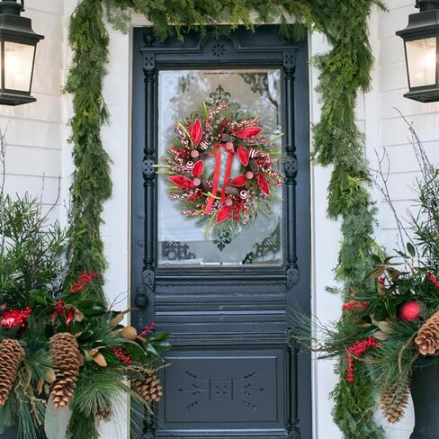 Christmas Wreath for Front Door 24 Inch Door Wreath with Pine Needles Pine Cones and Red Berries Winter Farmhouse Home Hoilday Christmas Party Decorations Indoor/Outdoor in Kuwait