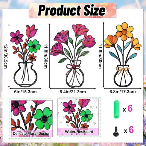 3 Pieces Metal Vase Flowers Wall Arts Decor, Rustic Farmhouse Style Décor Metal Wall Decors Sculptures, Minimalist Flower Natural Themed Decorations for Home Bedroom Gifts(Colorful-C) in Saudi Arabia