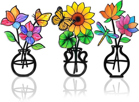 3 Pieces Metal Vase Flowers Wall Arts Decor, Rustic Farmhouse Style Décor Metal Wall Decors Sculptures, Minimalist Flower Natural Themed Decorations for Home Bedroom Gifts(Colorful-C) in Saudi Arabia
