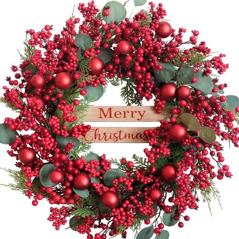 24 inch Christmas Wreaths with Berry and Eucalyptus Leaves, Red Christmas Front Door Wreath with Pine Branch,Ball Ornaments Artificial Wreath for Indoor and Outdoor Decor in Kuwait