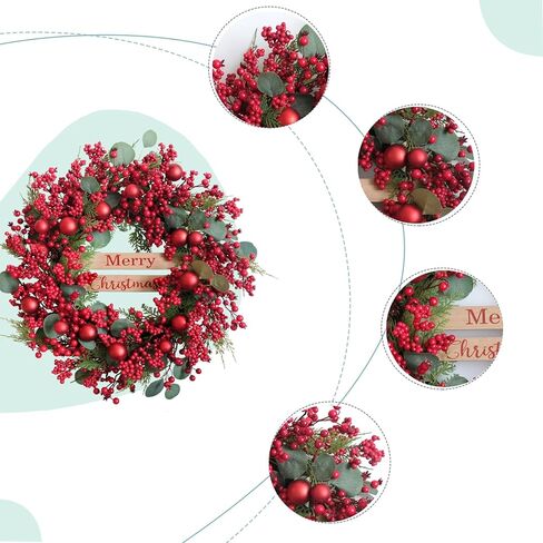 24 inch Christmas Wreaths with Berry and Eucalyptus Leaves, Red Christmas Front Door Wreath with Pine Branch,Ball Ornaments Artificial Wreath for Indoor and Outdoor Decor in Kuwait
