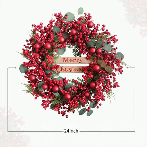 24 inch Christmas Wreaths with Berry and Eucalyptus Leaves, Red Christmas Front Door Wreath with Pine Branch,Ball Ornaments Artificial Wreath for Indoor and Outdoor Decor in Kuwait