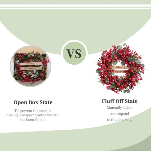 24 inch Christmas Wreaths with Berry and Eucalyptus Leaves, Red Christmas Front Door Wreath with Pine Branch,Ball Ornaments Artificial Wreath for Indoor and Outdoor Decor in Kuwait