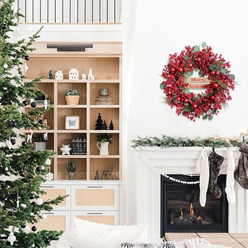 24 inch Christmas Wreaths with Berry and Eucalyptus Leaves, Red Christmas Front Door Wreath with Pine Branch,Ball Ornaments Artificial Wreath for Indoor and Outdoor Decor in Kuwait