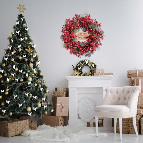 24 inch Christmas Wreaths with Berry and Eucalyptus Leaves, Red Christmas Front Door Wreath with Pine Branch,Ball Ornaments Artificial Wreath for Indoor and Outdoor Decor in Kuwait