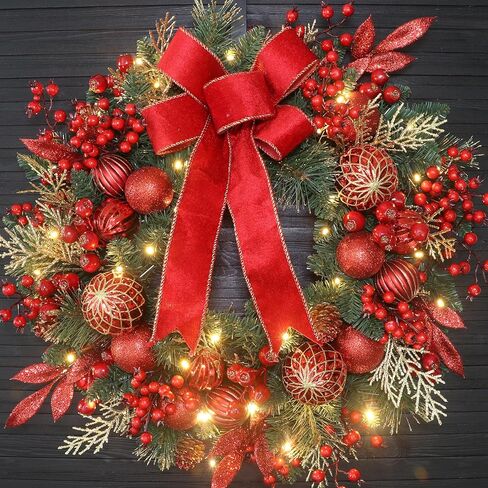 24 Inch Christmas Wreath for Front Door with Pine Branches, Red Berries, Ornament Balls, Bow and 50 LED Lights,for Home Indoor and Outdoor Wall, Fireplace Mantel, Christmas Decor in Kuwait
