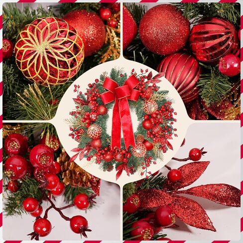 24 Inch Christmas Wreath for Front Door with Pine Branches, Red Berries, Ornament Balls, Bow and 50 LED Lights,for Home Indoor and Outdoor Wall, Fireplace Mantel, Christmas Decor in Kuwait