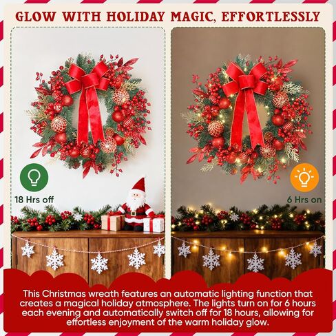 24 Inch Christmas Wreath for Front Door with Pine Branches, Red Berries, Ornament Balls, Bow and 50 LED Lights,for Home Indoor and Outdoor Wall, Fireplace Mantel, Christmas Decor in Kuwait