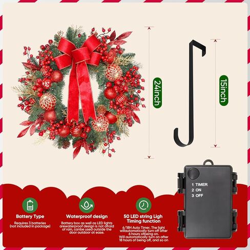 24 Inch Christmas Wreath for Front Door with Pine Branches, Red Berries, Ornament Balls, Bow and 50 LED Lights,for Home Indoor and Outdoor Wall, Fireplace Mantel, Christmas Decor in Kuwait