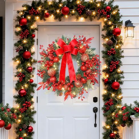 24 Inch Christmas Wreath for Front Door with Pine Branches, Red Berries, Ornament Balls, Bow and 50 LED Lights,for Home Indoor and Outdoor Wall, Fireplace Mantel, Christmas Decor in Kuwait