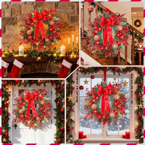 24 Inch Christmas Wreath for Front Door with Pine Branches, Red Berries, Ornament Balls, Bow and 50 LED Lights,for Home Indoor and Outdoor Wall, Fireplace Mantel, Christmas Decor in Kuwait