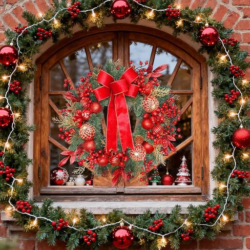 24 Inch Christmas Wreath for Front Door with Pine Branches, Red Berries, Ornament Balls, Bow and 50 LED Lights,for Home Indoor and Outdoor Wall, Fireplace Mantel, Christmas Decor in Kuwait