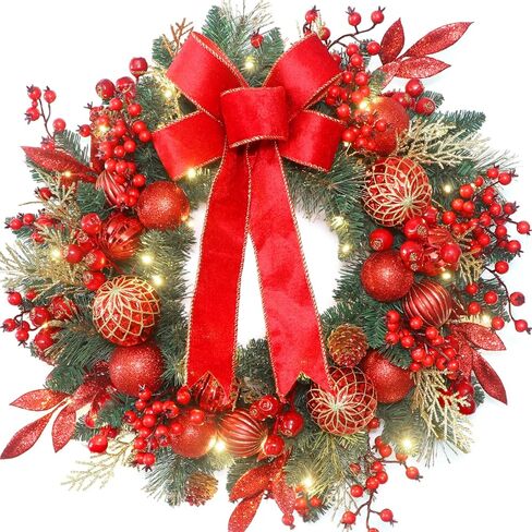 24 Inch Christmas Wreath for Front Door with Pine Branches, Red Berries, Ornament Balls, Bow and 50 LED Lights,for Home Indoor and Outdoor Wall, Fireplace Mantel, Christmas Decor in Kuwait