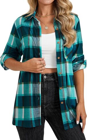 ENMAIN Plaid Shirts for Women Fall Button Down Long Sleeve Shirt Casual Loose Fit Checkered Blouses in Kuwait