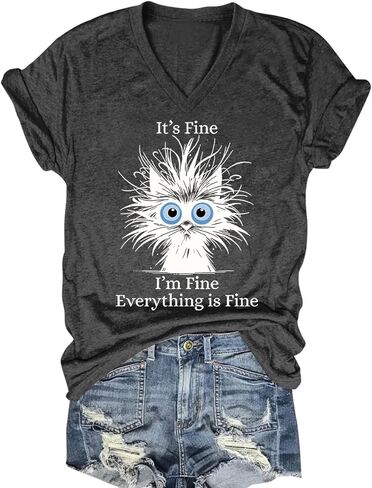 Womens I'm Fine Everything is Fine V Neck T-Shirts Short Sleeve Funny Shirt Casual Cute Cat Graphic Tee Tops in Saudi Arabia