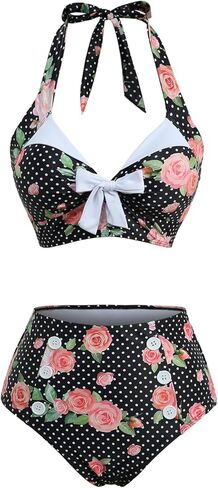 DRESSFO إمرأة ريترو مجموعة البكيني قطعتين زهور الورد النقاط المطبوعة Bowknot الرسن خمر Tankini ثوب السباحة in Saudi Arabia