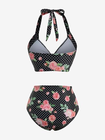 DRESSFO إمرأة ريترو مجموعة البكيني قطعتين زهور الورد النقاط المطبوعة Bowknot الرسن خمر Tankini ثوب السباحة in Saudi Arabia