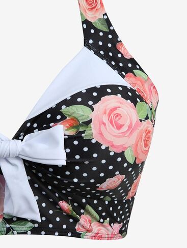 DRESSFO إمرأة ريترو مجموعة البكيني قطعتين زهور الورد النقاط المطبوعة Bowknot الرسن خمر Tankini ثوب السباحة in Saudi Arabia