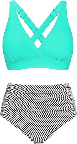 Bikini Sets for Women V Neck Push Up Criss Cross Bathing Suit High Waisted Tummy Control Swimsuit in Saudi Arabia