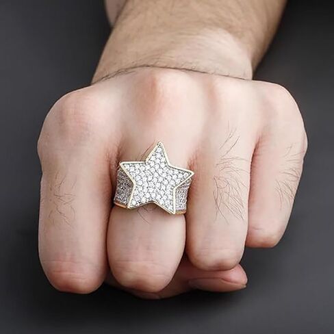 14K Gold over S925 Sterling Silver Densely Set Mossanite Five-Pointed Star Ring, Wide Face Men's Hip-Hop Ring, For the Star in Your Life,Father's Day Gift in Saudi Arabia