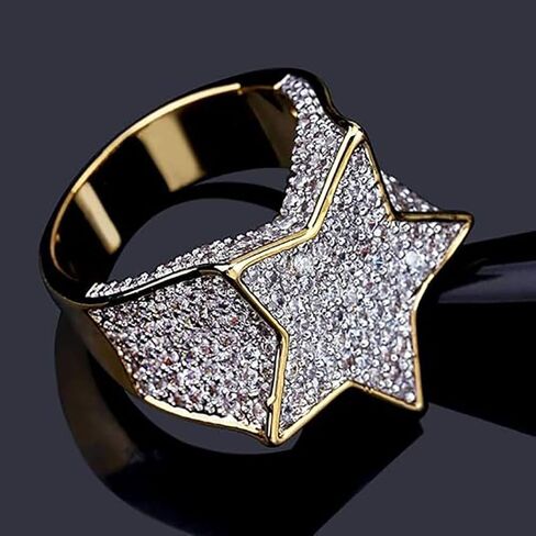 14K Gold over S925 Sterling Silver Densely Set Mossanite Five-Pointed Star Ring, Wide Face Men's Hip-Hop Ring, For the Star in Your Life,Father's Day Gift in Saudi Arabia