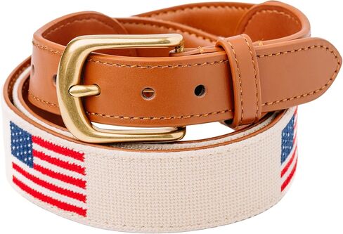 Palmetto Golf & Belts, Embroidered American Flag Golf Belt with Khaki Backdrop, with cowhide Leather Backing, Solid Brass Buckle (Size 32(Waist 28) Size)) in Saudi Arabia