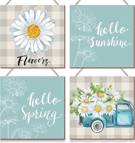 4 قطع Hello Spring Wall Decor Hello Sunshine ديكورات الأبواب الربيعية الزرقاء ديزي علامة خشبية لمستلزمات الحفلات، نافذة المنزل، جدار المزرعة، المكتب الداخلي والخارجي in Saudi Arabia