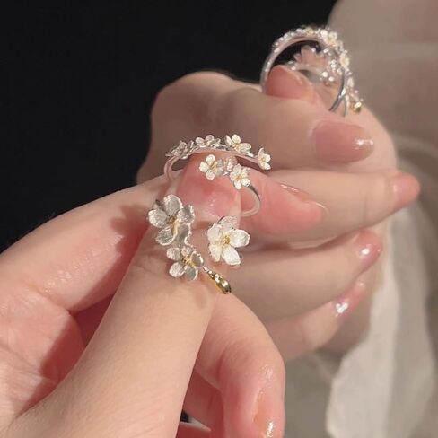 1 Pair Silver Dainty Camellia Flower Ring for Women Sparkling White Ring for Mother Daughter Elegant Wedding Jewelry Open Wrap Finger Band Graduation Gift in Saudi Arabia