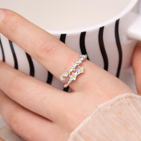 1 Pair Silver Dainty Camellia Flower Ring for Women Sparkling White Ring for Mother Daughter Elegant Wedding Jewelry Open Wrap Finger Band Graduation Gift in Saudi Arabia