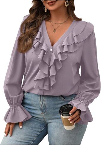 SweatyRocks Women's Plus Size Long Sleeve V Neck Button Down Ruffle Shirt Top Blouses in Saudi Arabia