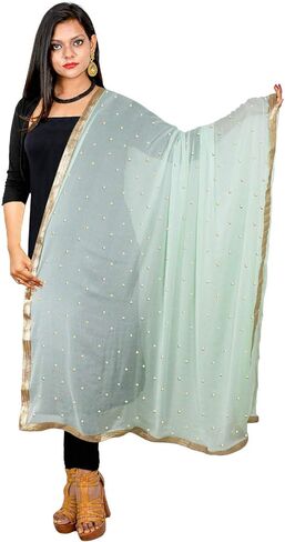 النعناع الأخضر وشاح Dupatta الدانتيل الذهبي Chunni الذهبي حبة سرق شبه الشيفون الرقبة التفاف الحجاب رئيس تشوه لها in Kuwait