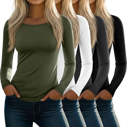 4 Pack Women's Boat Neck Long Sleeve Shirts Basic Slim Fit Tops Fall Casual Y2k Tees Going Out 2025 Undershirts in Saudi Arabia