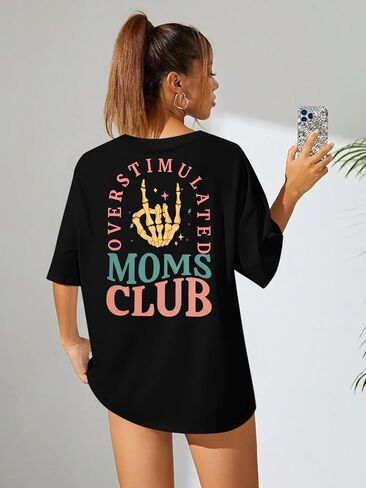 Overstimulated Moms Club Shirt for Women: Mom Shirts Mama Life Shirts Oversized Short Sleeve Clothes Tops in Saudi Arabia