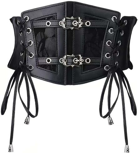 Women's Black Faux Leather Corset Belt - Lace Double-Buckle Lace-Up Gothic Waist Cincher Accessory in Saudi Arabia